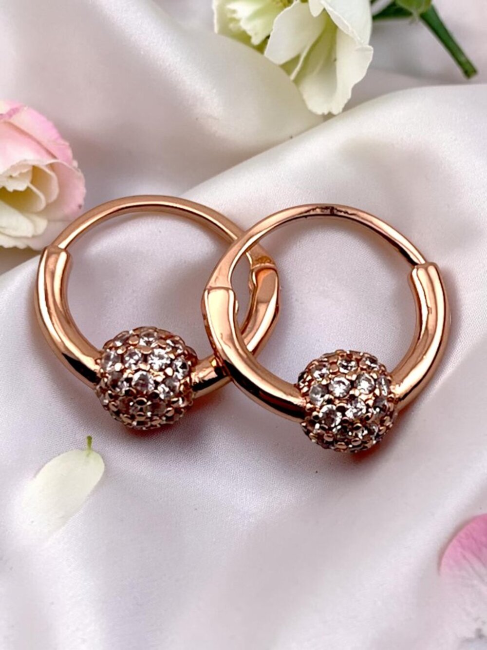 Rose Gold 925 Sterling Silver Huggie Hoop Earrings Pavé CZ Ball Dainty